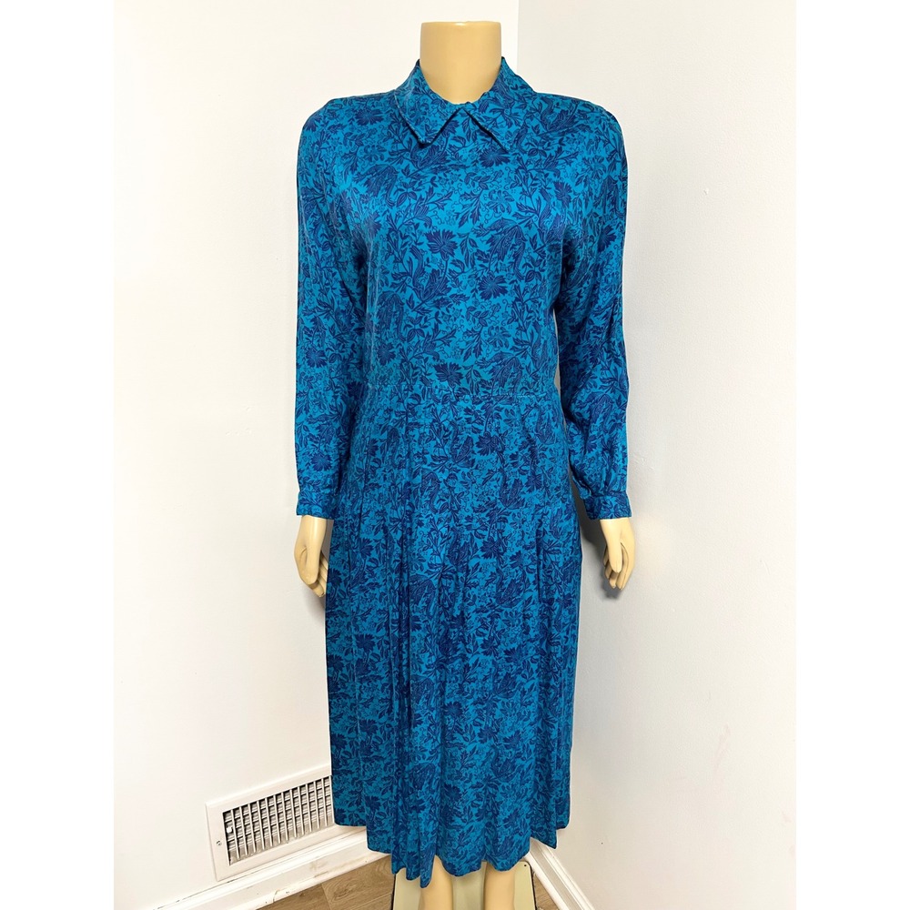Vintage Liz Claiborne Blue Floral Damask Midi Dress Long Sleeve Pleated Size 6